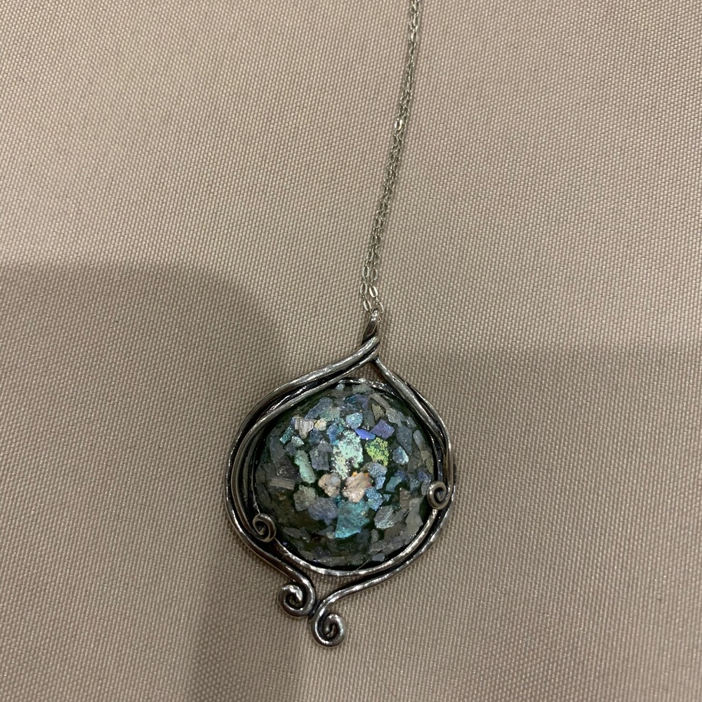 Roman Glass Semi-Precious Moonstone Sterling Silver Pendant on Chain.